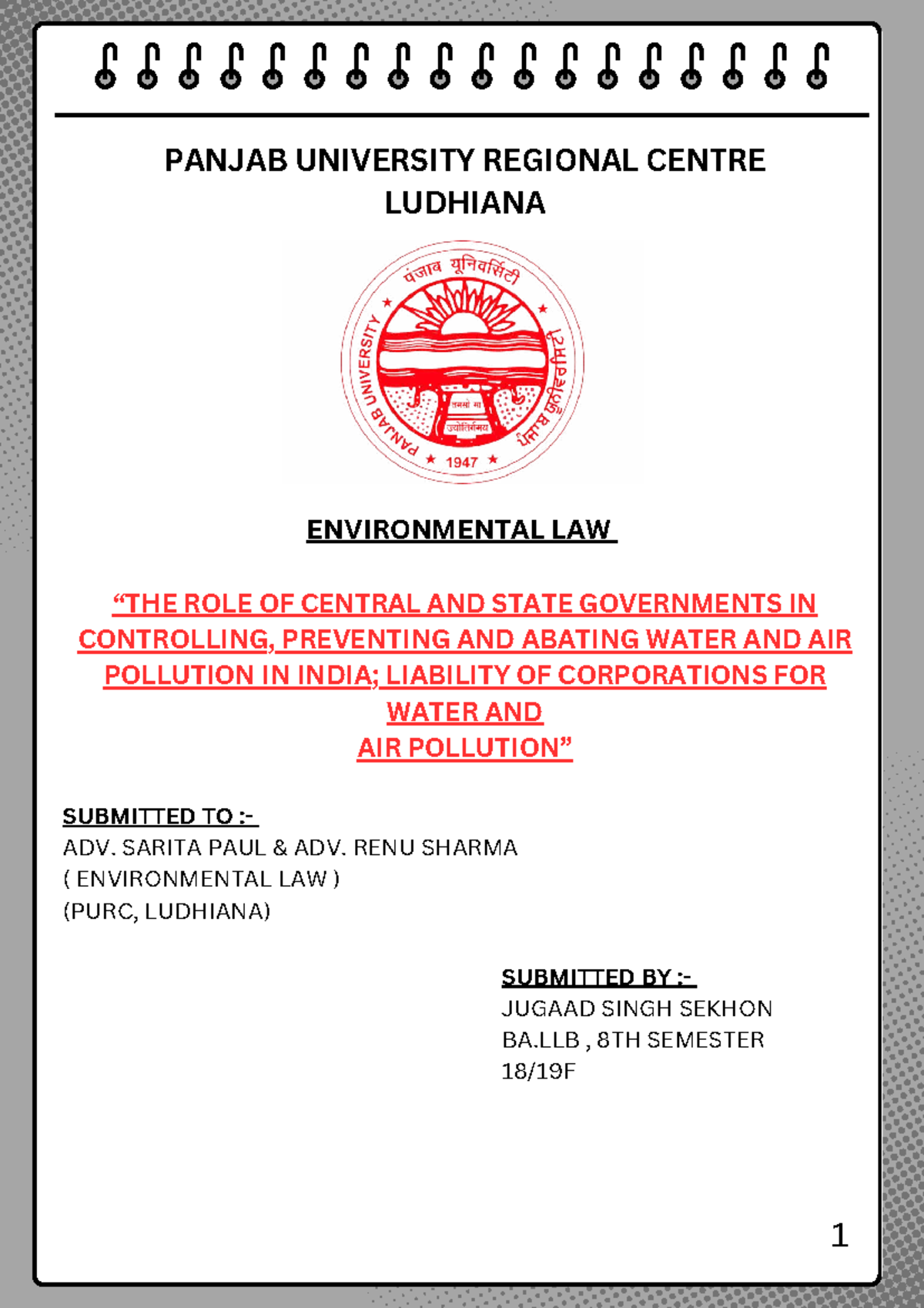 Environmental law (ENV1): Role of governments in pollution control ...