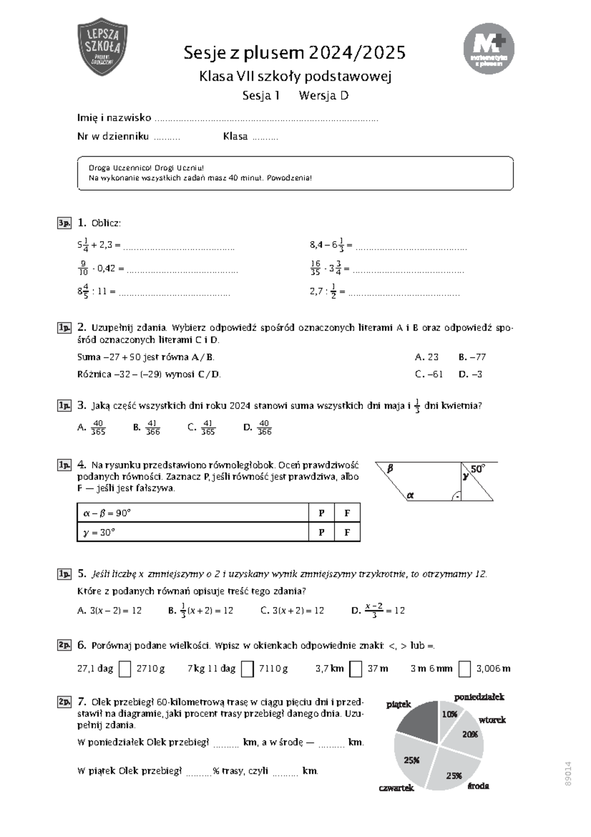 Sesja z plusem - Klasa 7 - Matematyka 2024 - Wersja D - Studocu