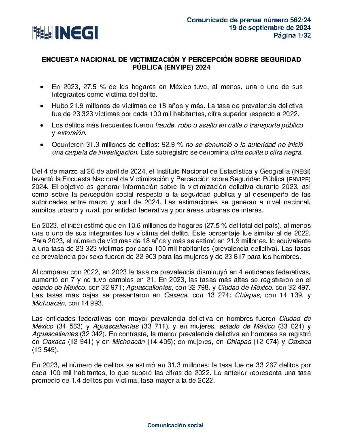 ENVIPE 2024: Análisis de Victimización y Percepción de Seguridad - Studocu