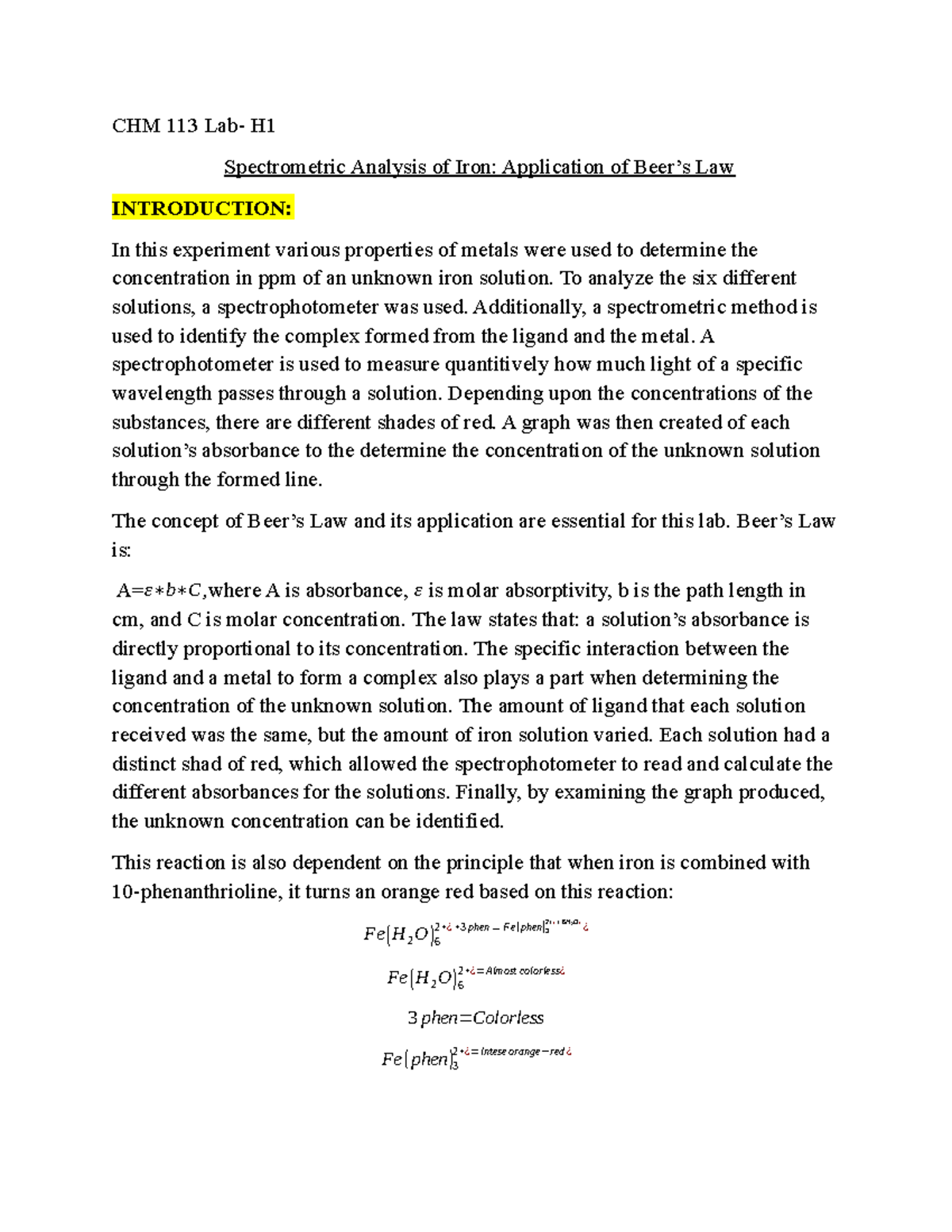 CHM 113 Lab - Beer’s Law Application in Iron Spectrometry Report - Studocu