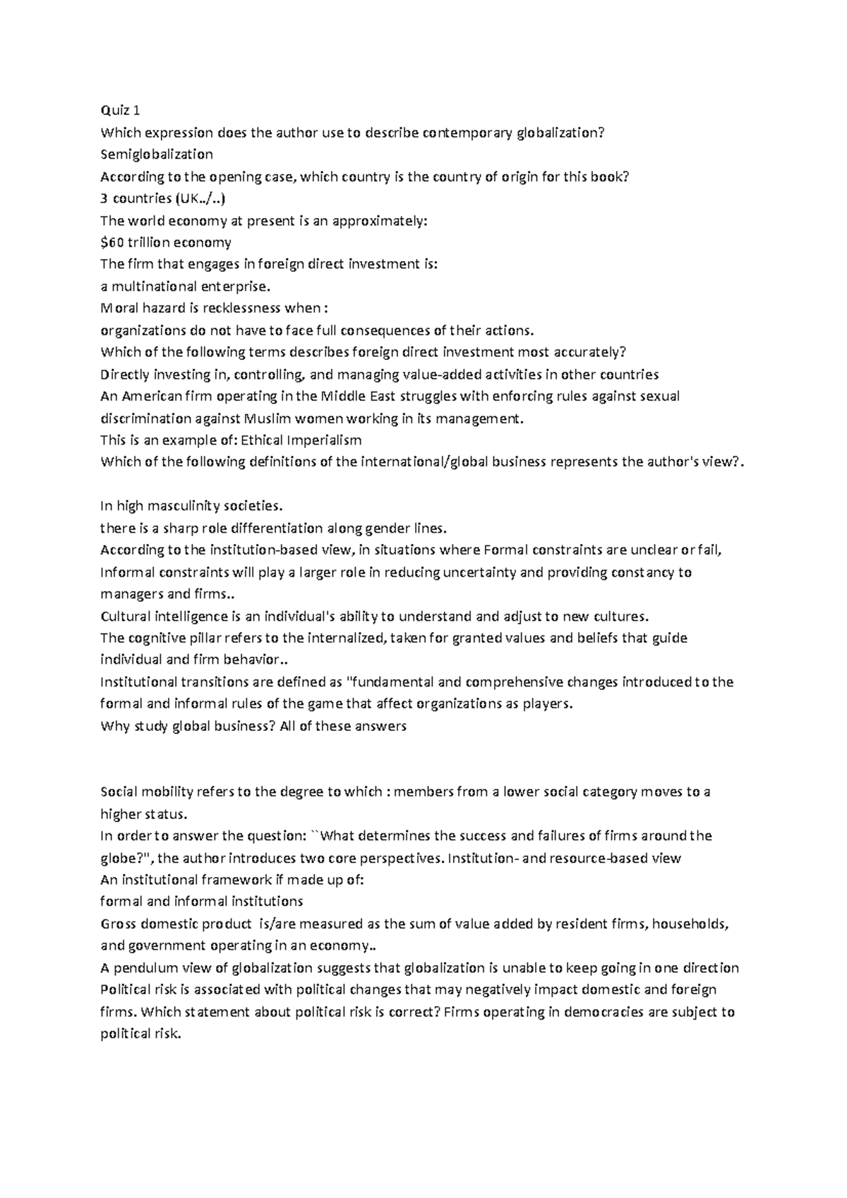 International Business IB 101 - Quiz 1 Questions & Answers - Studeersnel
