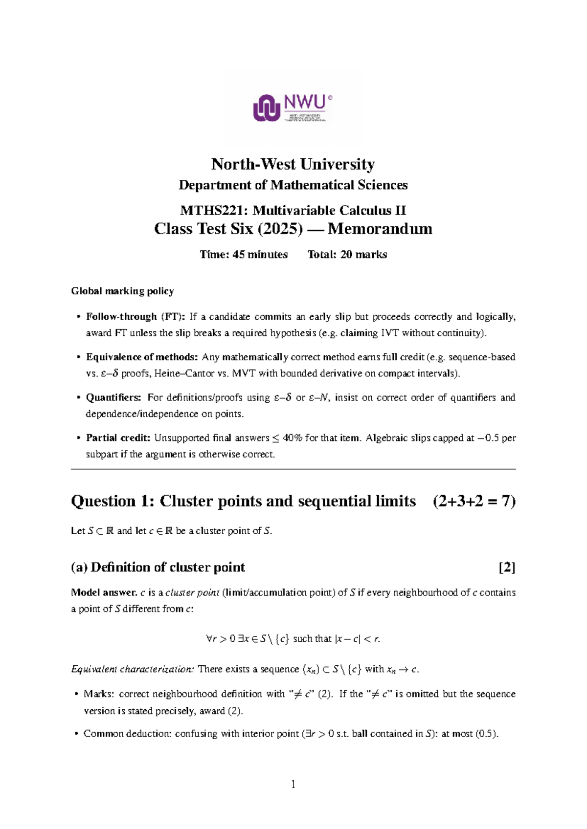 MTHS221: Multivariable Calculus II Class Test Six (2025) Solutions ...