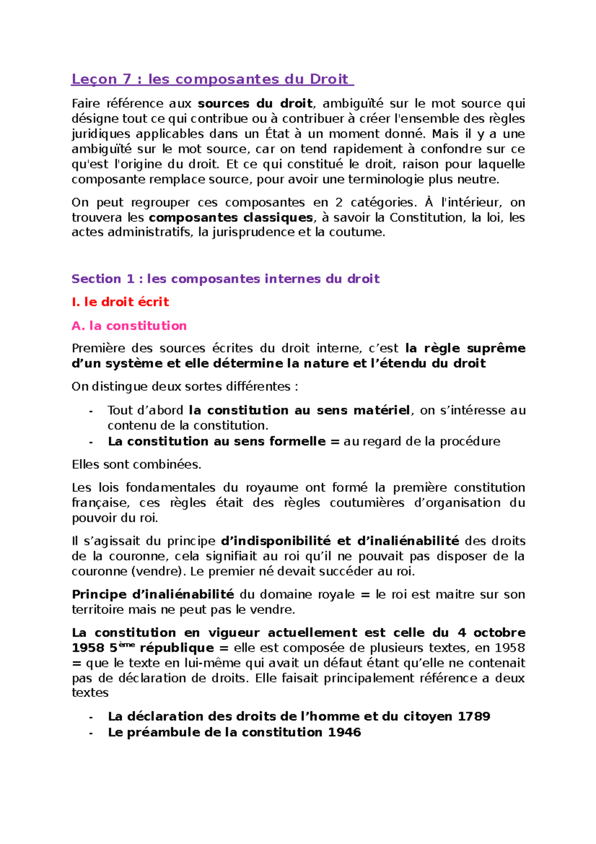 Leçon 7 : Composantes du Droit et Sources Juridiques - Studocu