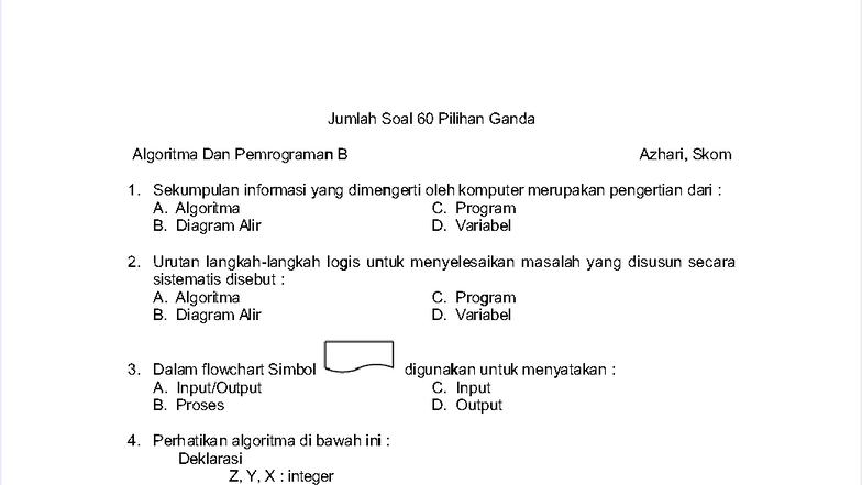 Soal Ujian Utama Algoritma dan Pemrograman B (60 Pilihan Ganda) - Studocu
