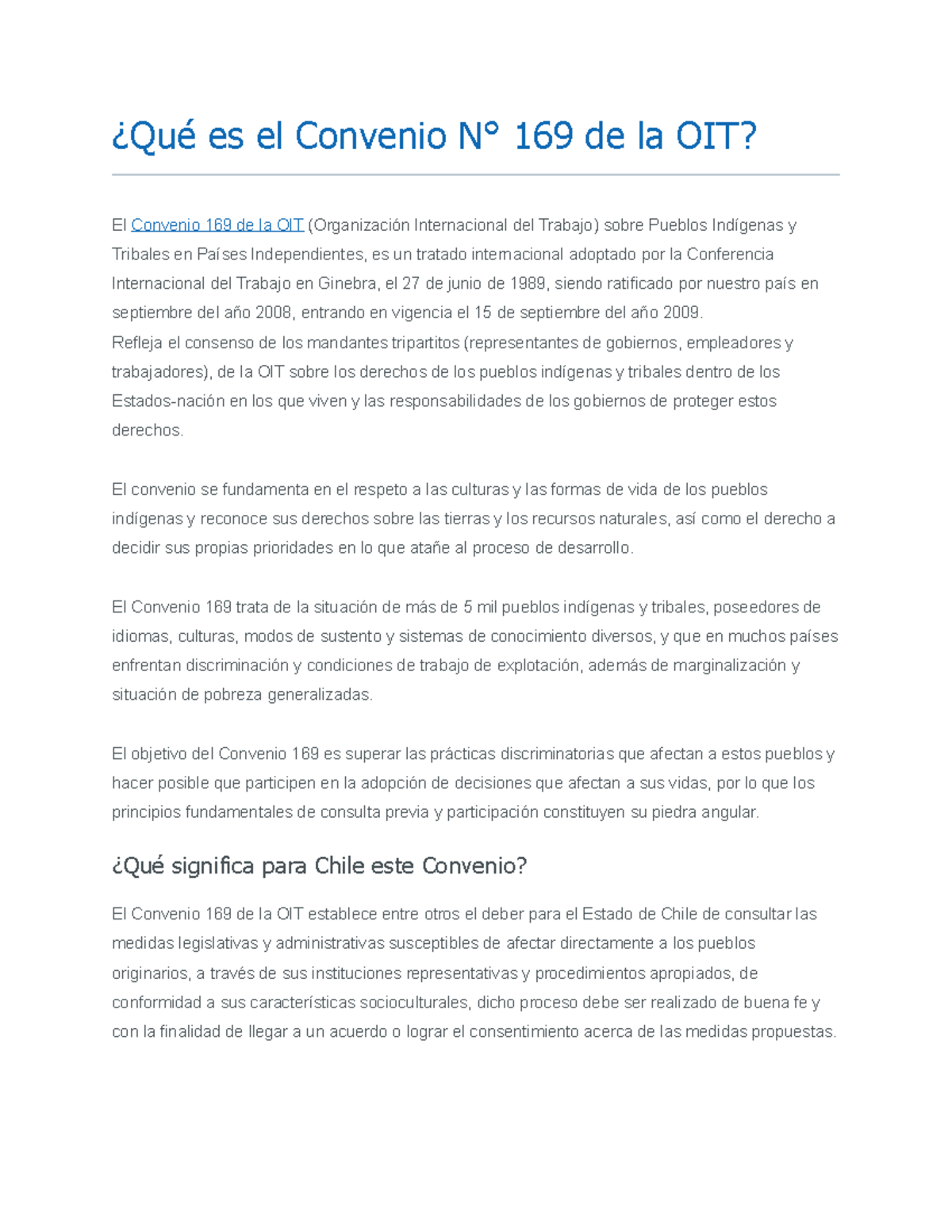 Convenio N° 169 de la OIT: Derechos de Pueblos Indígenas en Chile - Studocu