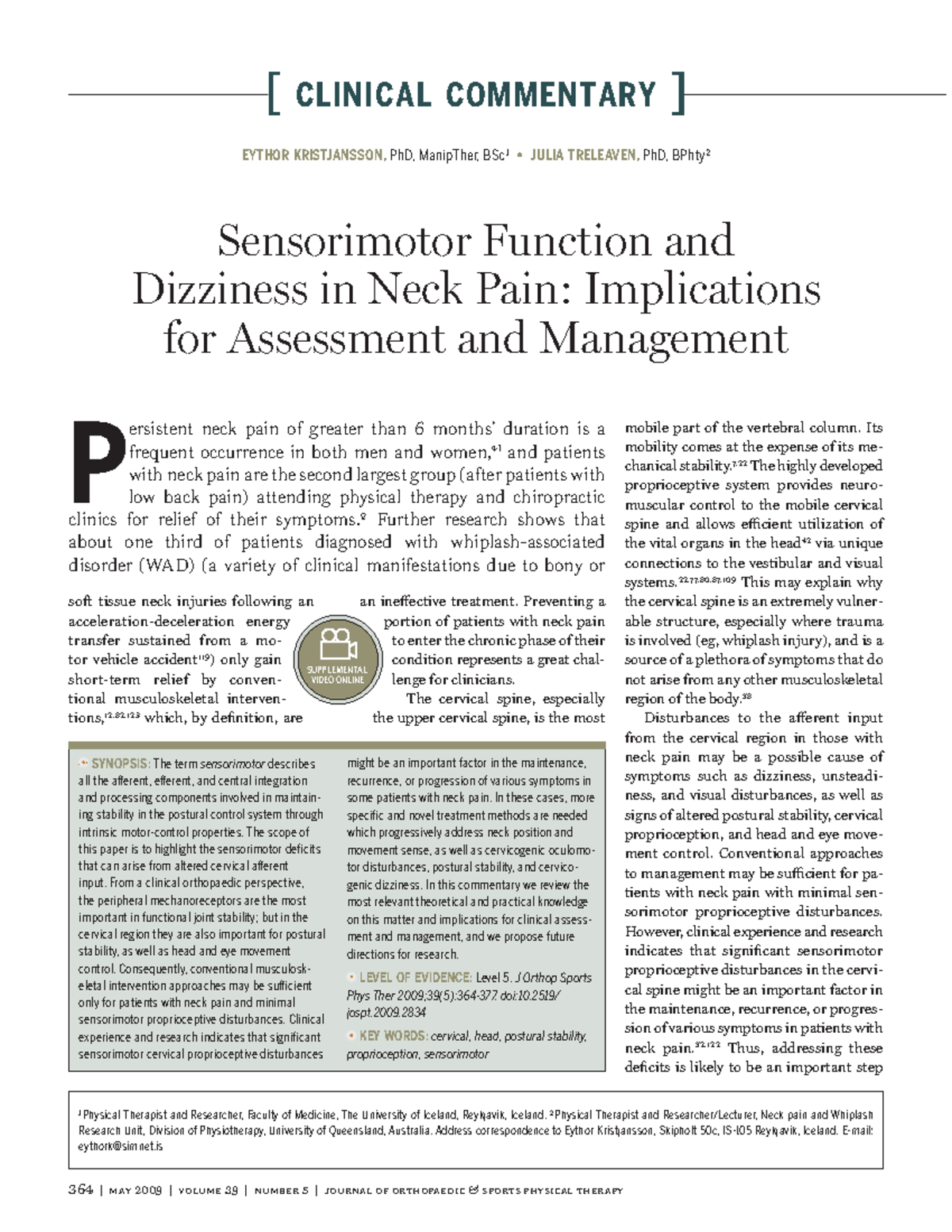 2009 CLINICAL COMMENTARY: Sensorimotor Function & Dizziness in Neck ...