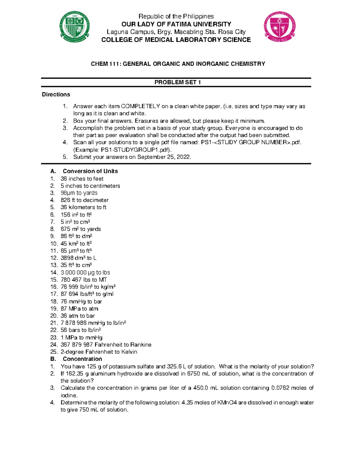 CHEM 111 - General Chemistry Problem Set 1 - Studocu