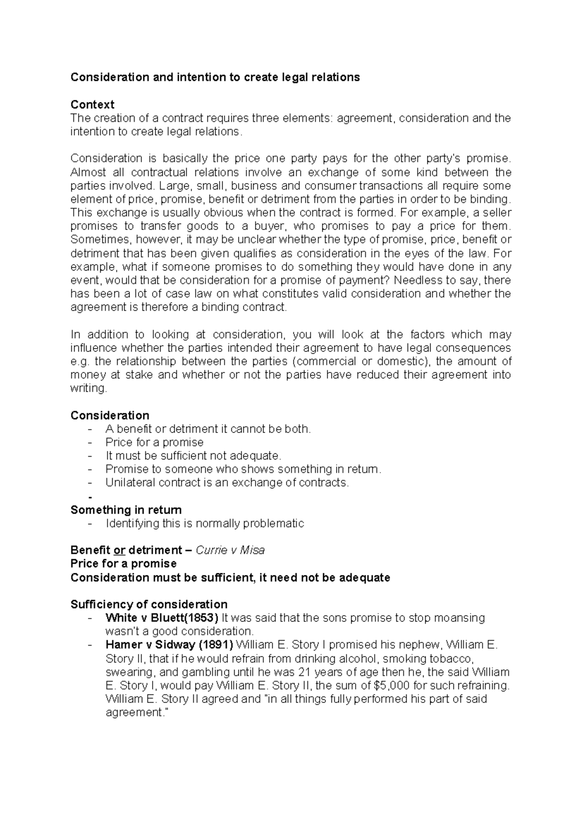 Contract Law - Unit 3 - Consideration & Intention to Create Legal ...