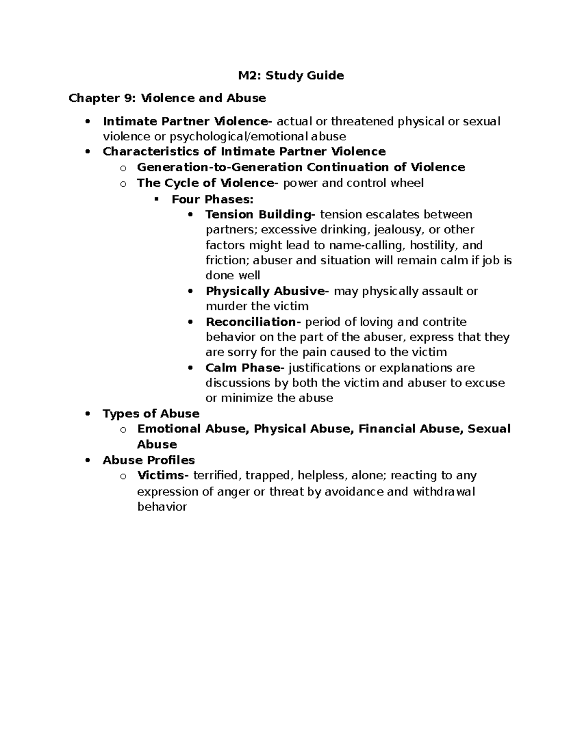 M2: Study Guide Chapter 9 - Intimate Partner Violence and Nursing Care ...