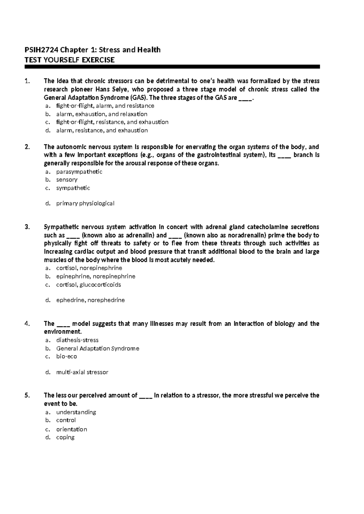 PSIH 2724 Chapter 1: Stress and Health Test Yourself Exercise 2024 ...