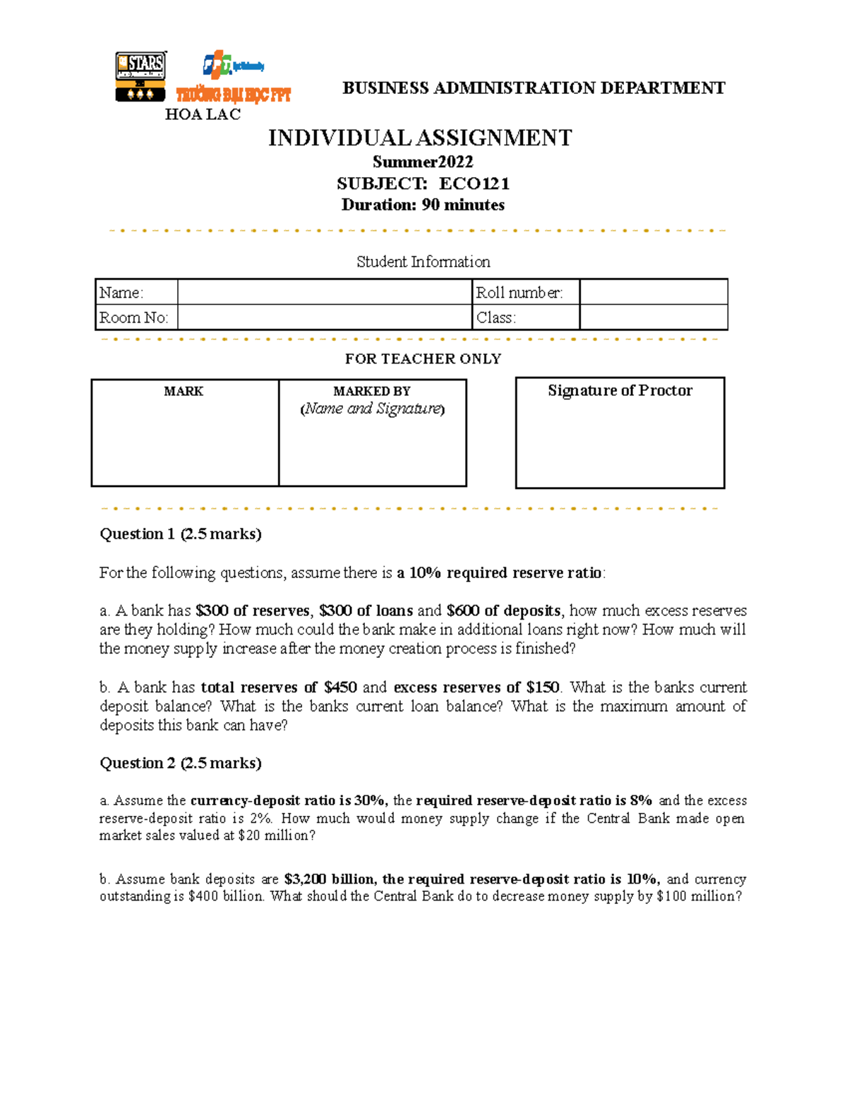 ECO121 Test 02 Individual assignment 02 - HOA LAC BUSINESS ...
