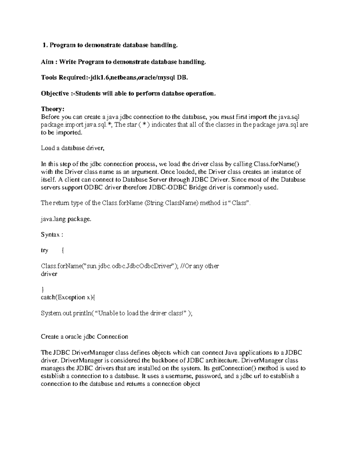 Program to Demonstrate Database Handling using JDBC in Java - Studocu