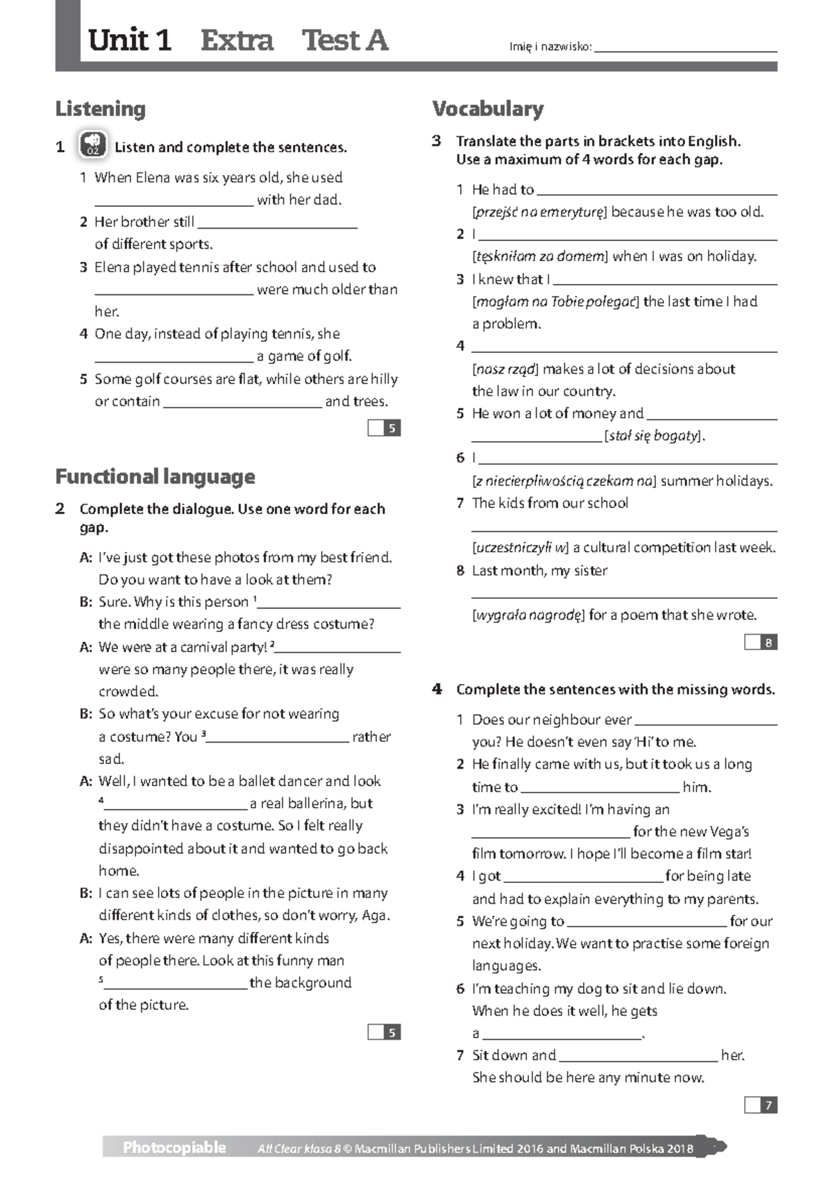 All Clear klasa 8: Unit 1 Extra Test A Listening & Vocabulary - Studocu