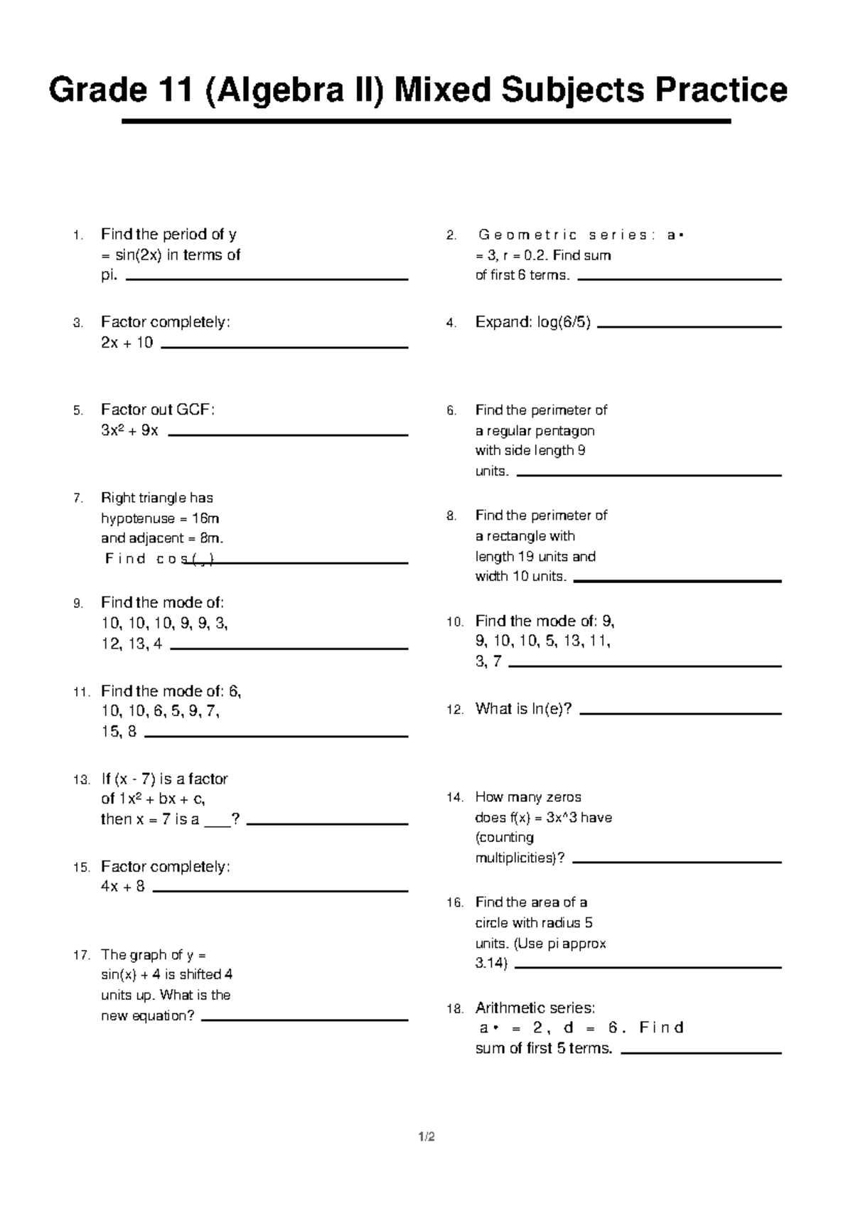 Grade 11 (Algebra II) Mixed Practice Problems and Solutions - Studocu