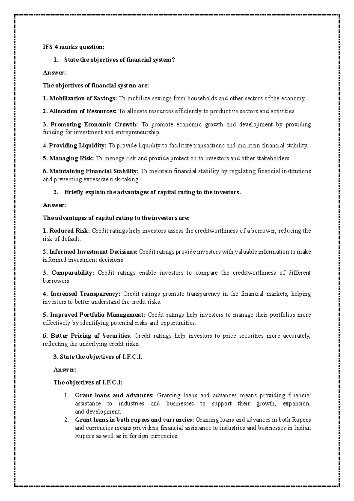 IFS 4 marks question - IFS 4 marks question: 1. State the objectives of ...