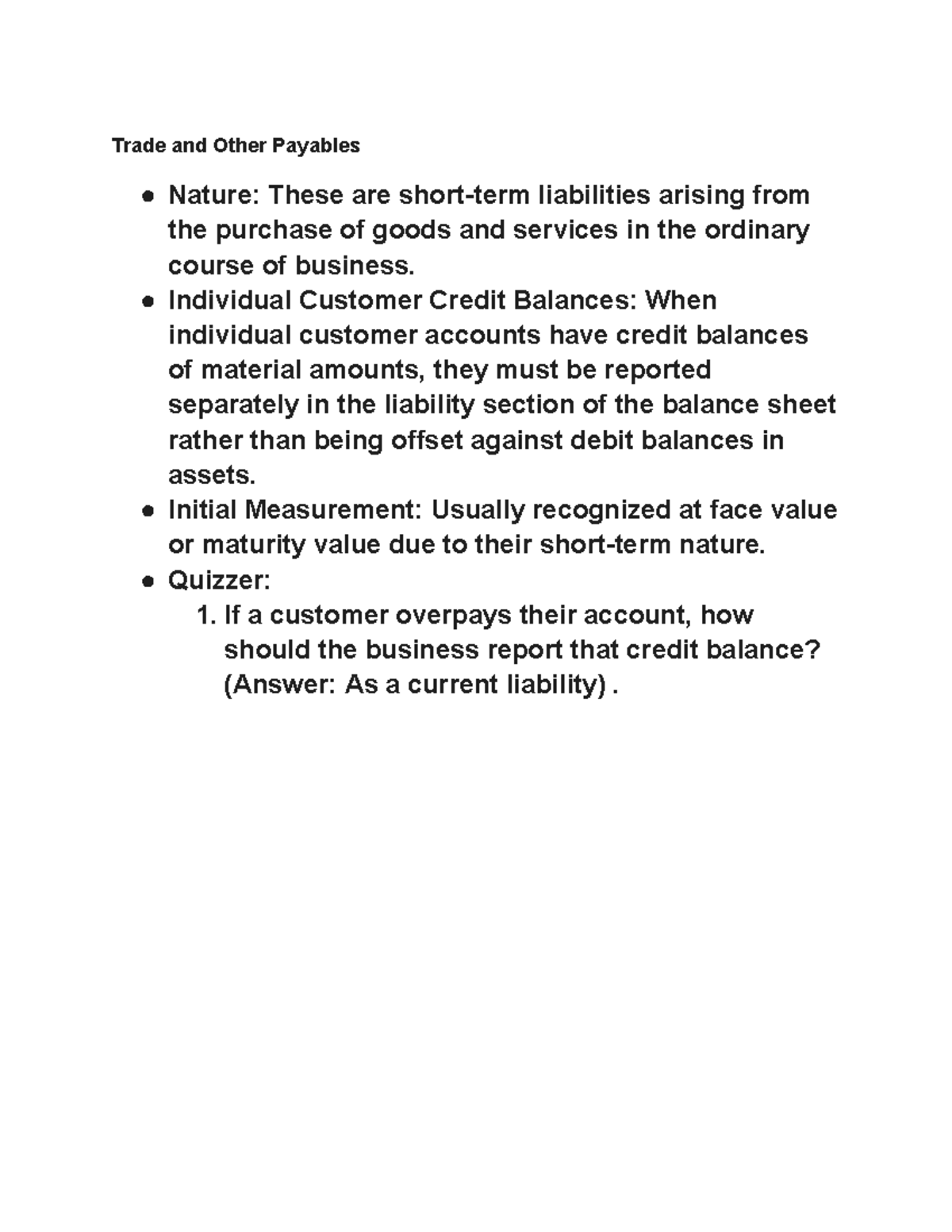 Trade and Other Payables - Individual Customer Credit Balances: When ...