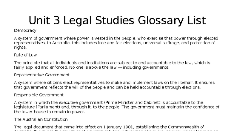 Unit 3 Legal Studies Glossary: Key Concepts of Democracy - Studocu
