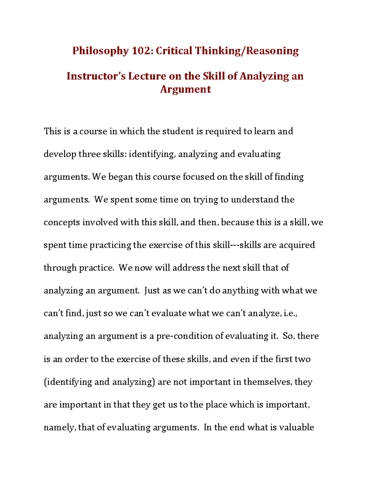 Phil 102: Lecture on Analyzing Arguments and Their Structures - Studocu