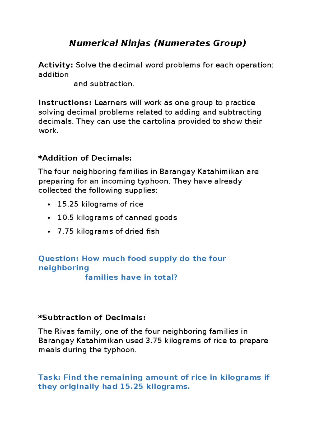 Differentiated Activities: Decimal Word Problems & Solutions - Studocu