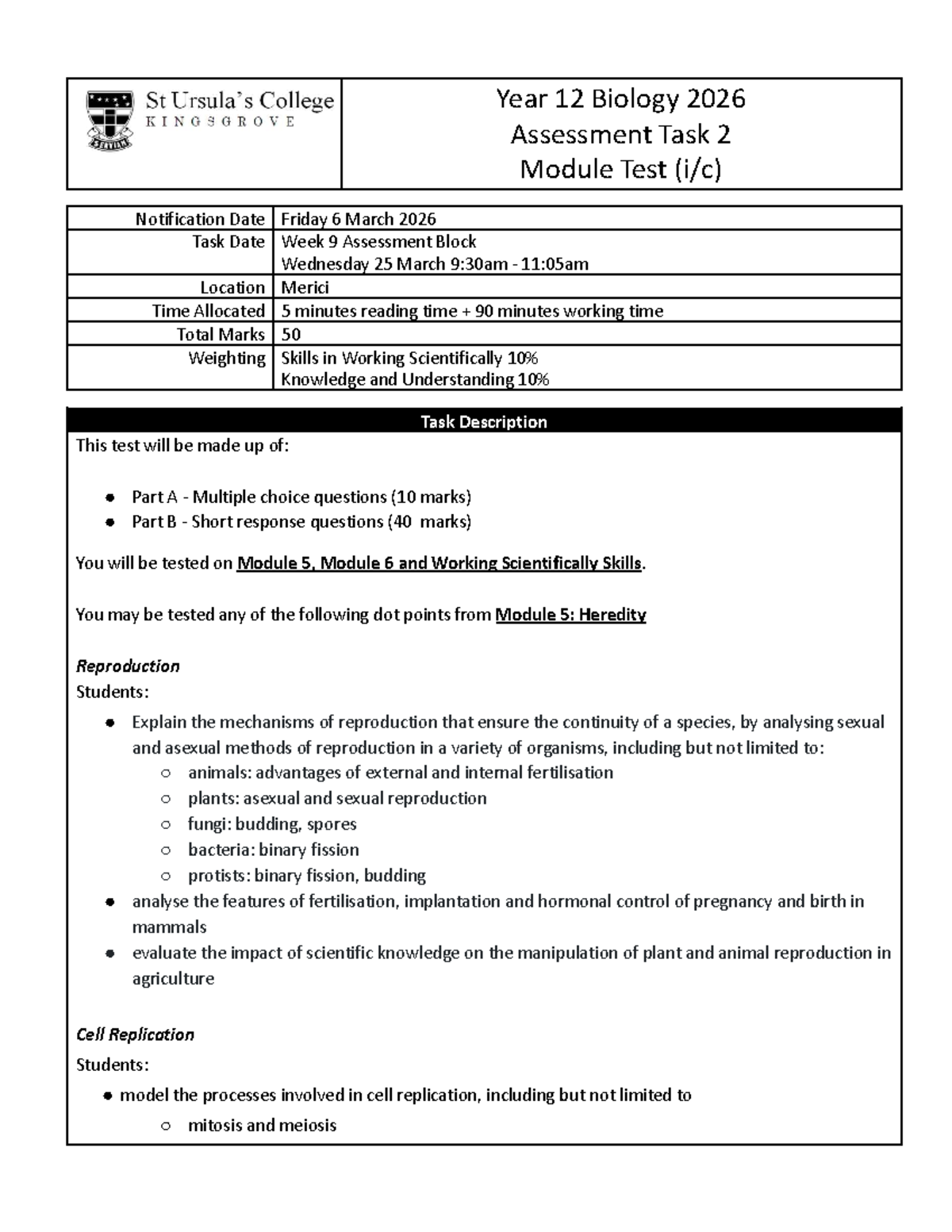 Year 12 Biology 2026 Assessment Task 2 Test Notification - Studocu