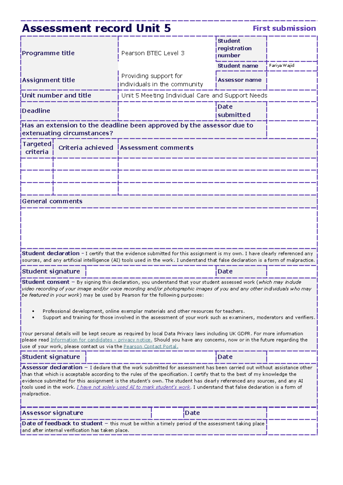 Unit 5 Coursework: Meeting Individual Care and Support Needs - Studocu