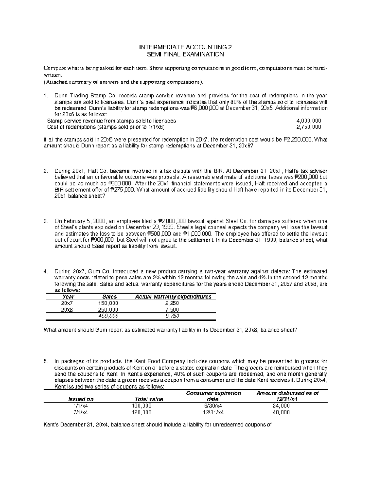 Intermediate Accounting 2 Semi-Final Exam Review and Computations - Studocu