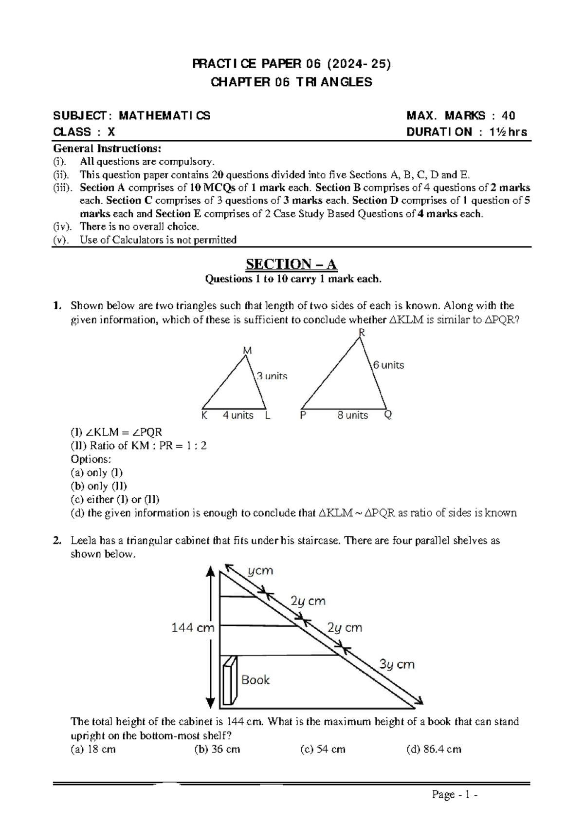 Chapter 06 Triangles Practice Paper 07 - Class X Mathematics - Studocu