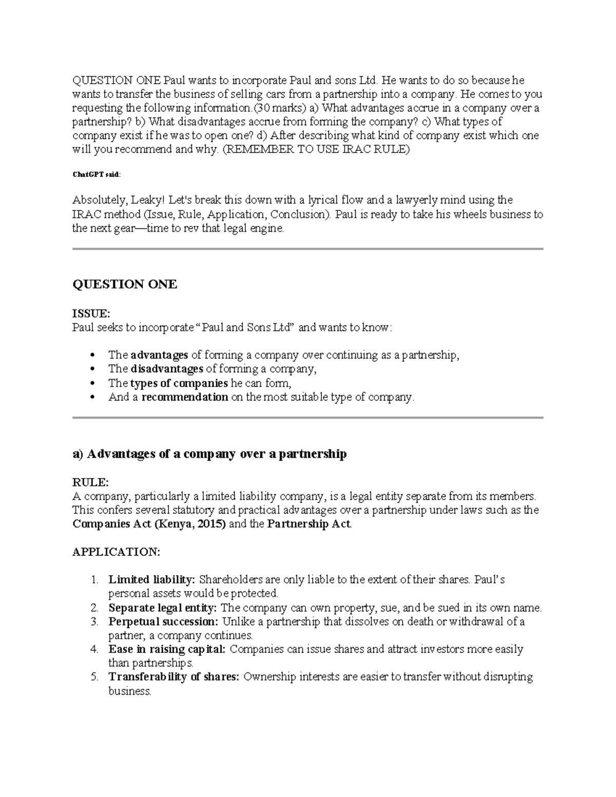 Company Law Exam Questions: Key Concepts and Legal Principles - Studocu