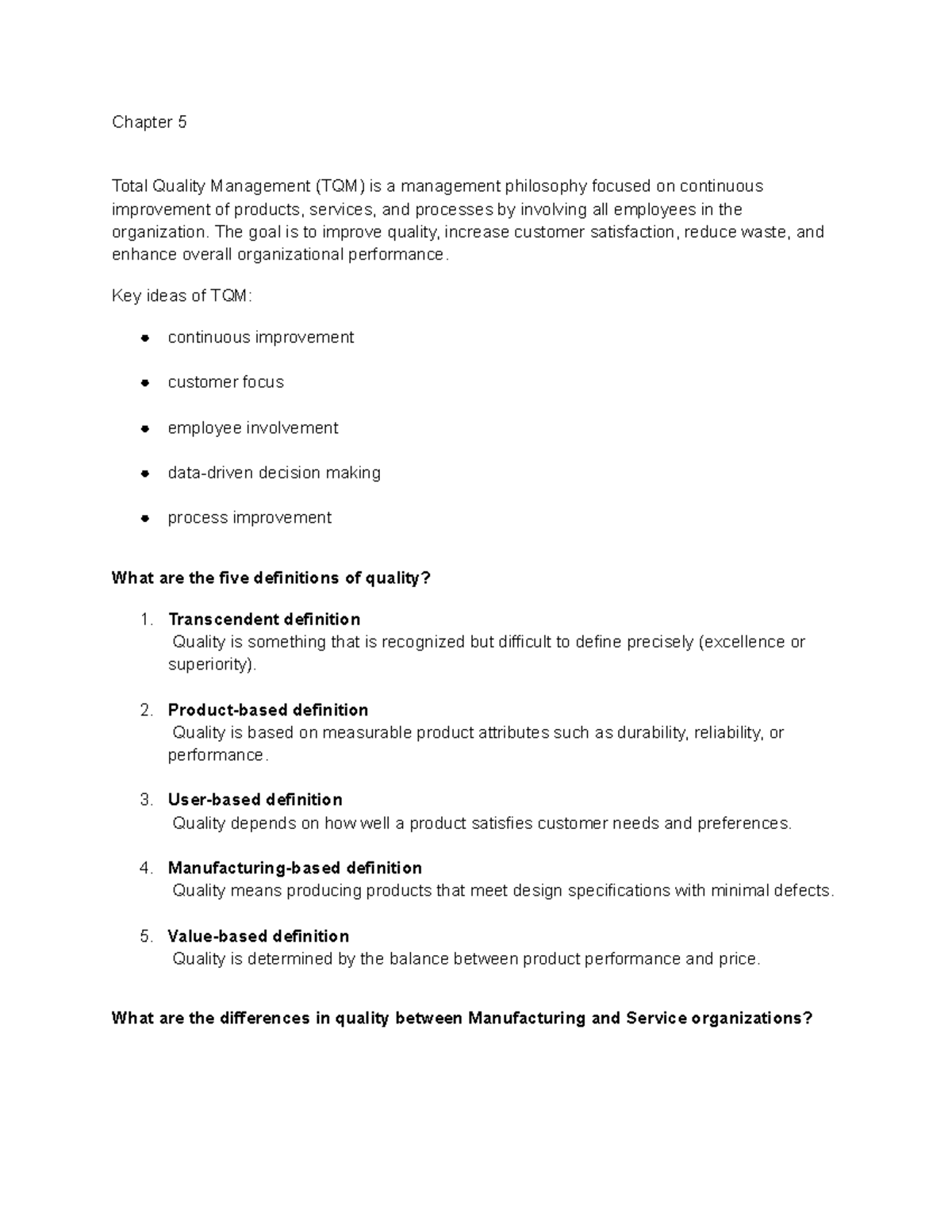 C215 Chapter 5 Study Guide: Total Quality Management (TQM) Insights ...
