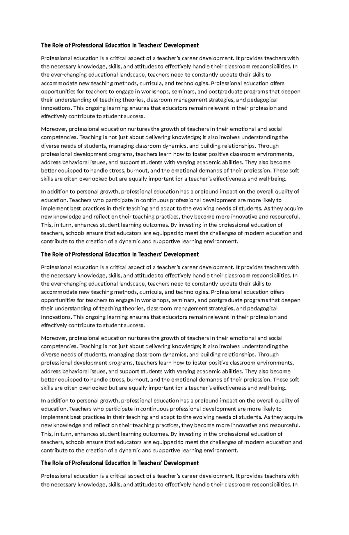 The Impact of Professional Education on Teacher Development - Studocu