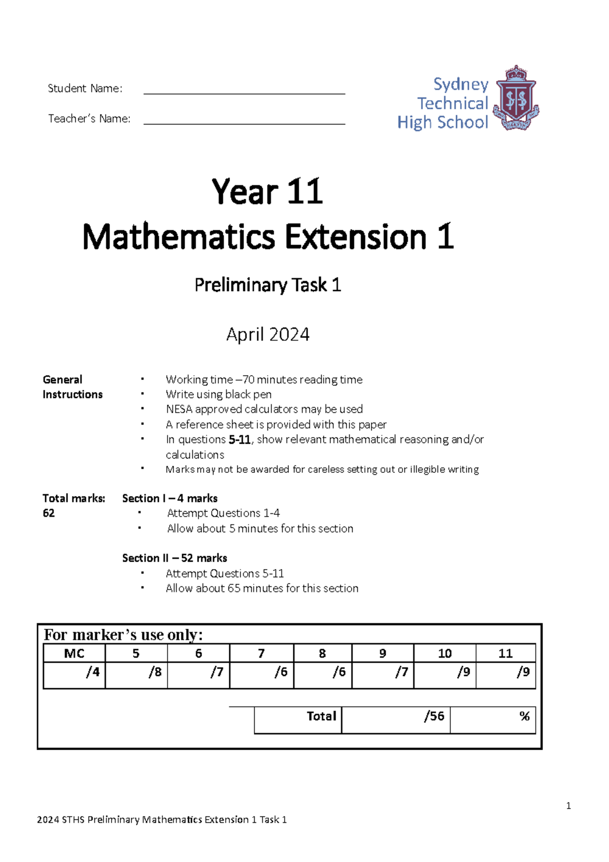 YR11 Mathematics Extension 1 Preliminary Task 1 - April 2024 - Studocu