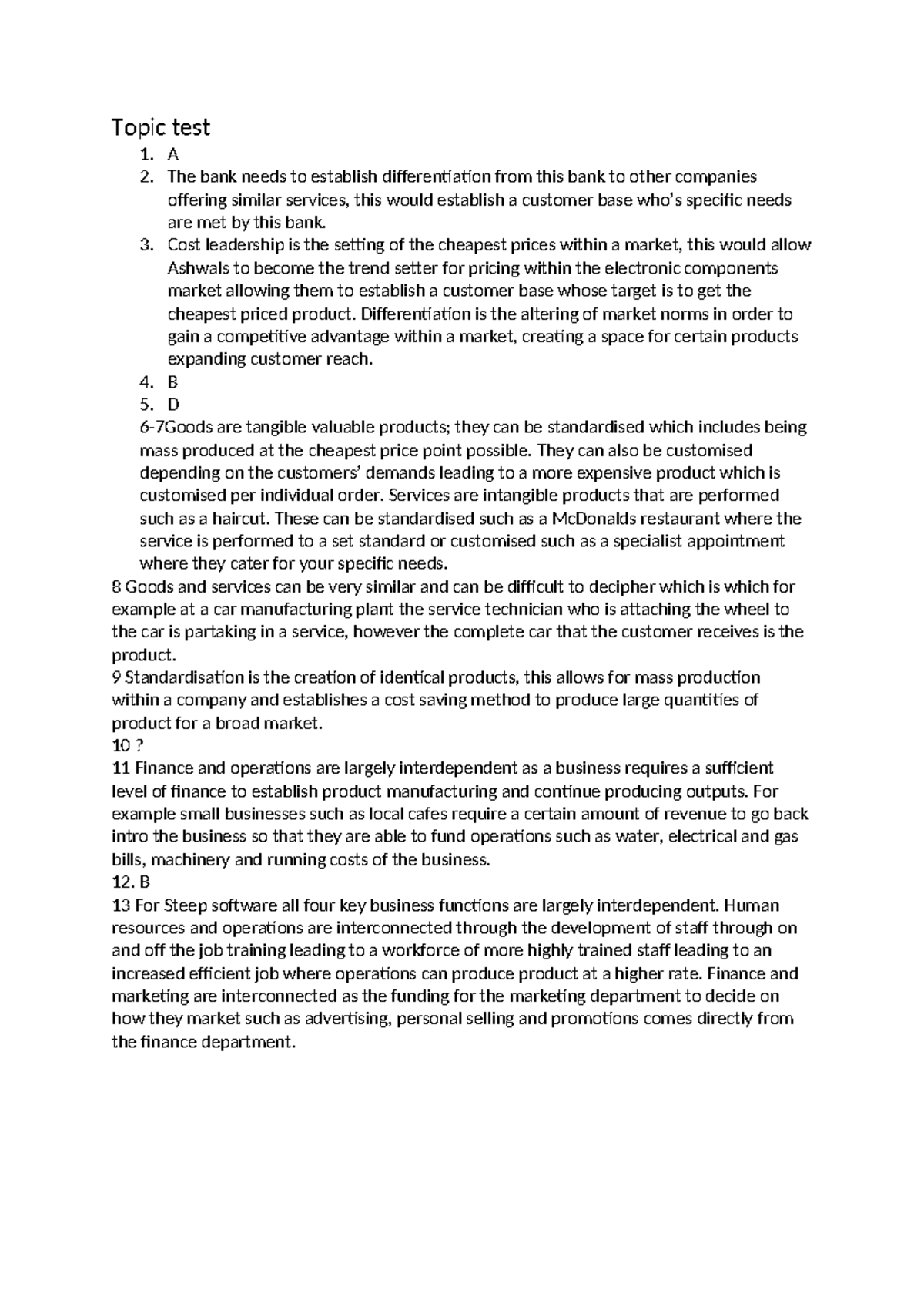 Topic Test 1 - NJK: Differentiation and Cost Leadership Strategies ...