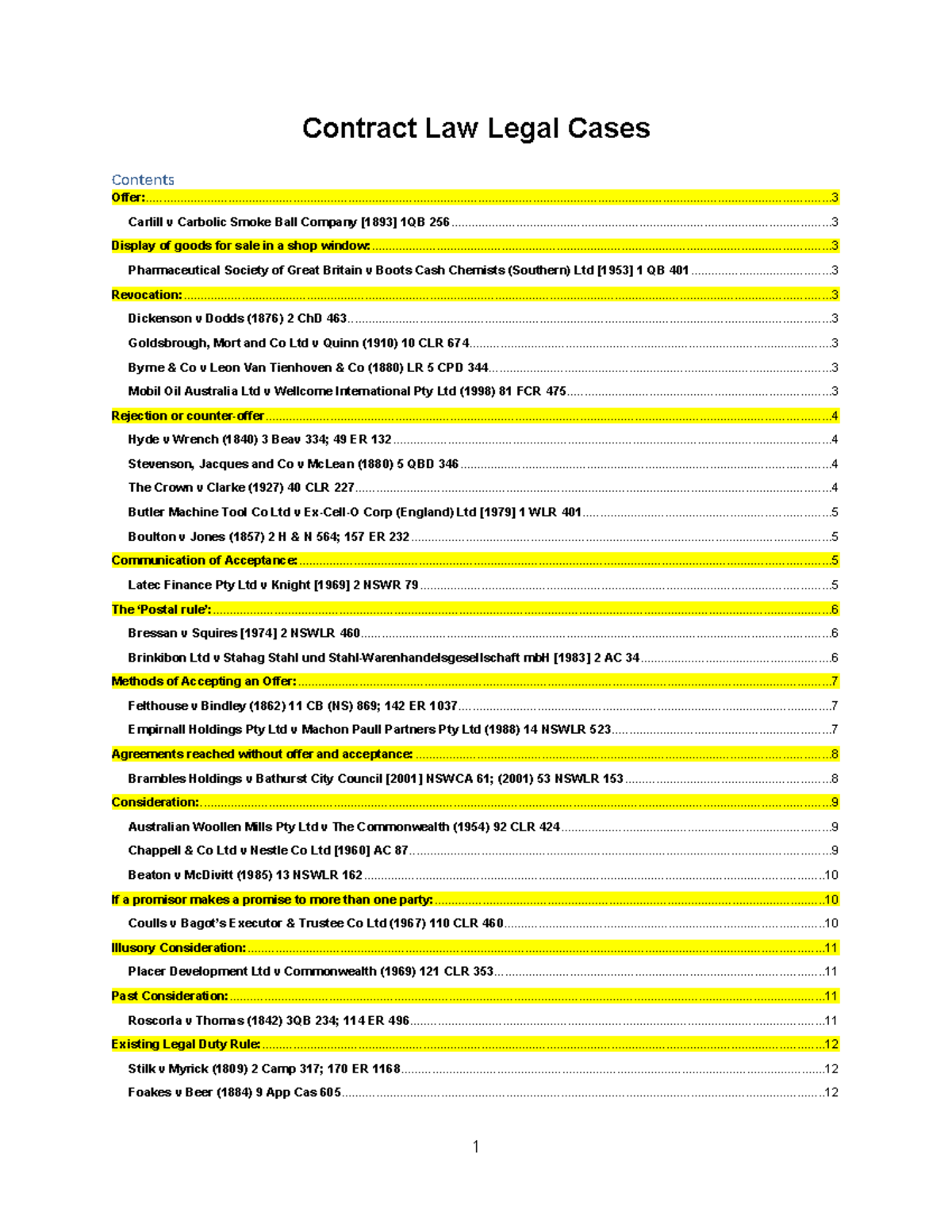 Contract Law Cases - Notes (LAW 101) - Studocu