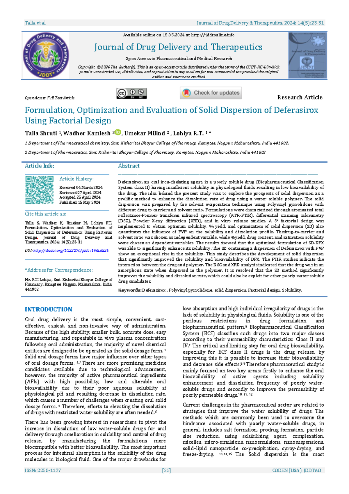Formulation and Evaluation of Deferasirox Solid Dispersion: JDDT 2024 ...