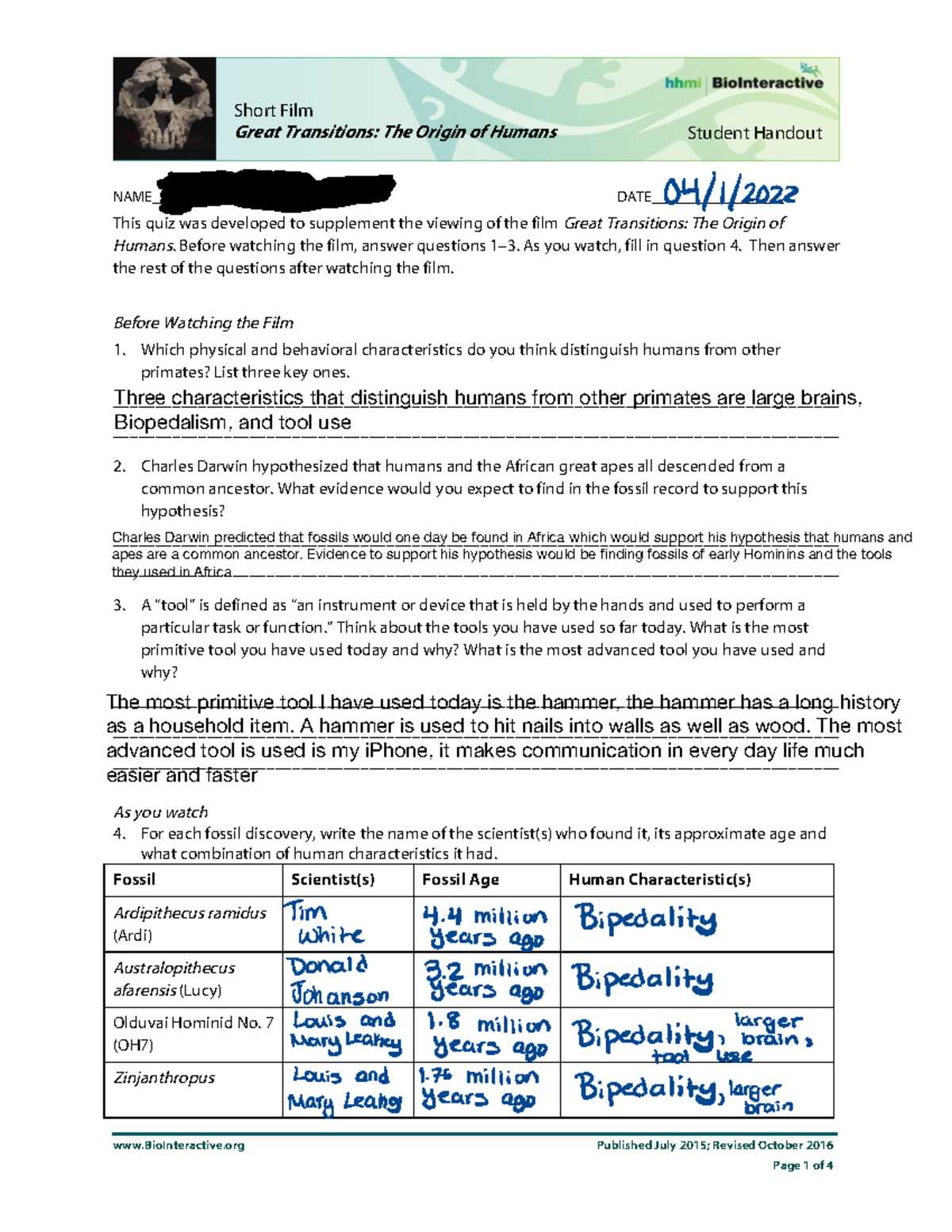 Great Transitions: The Origin of Humans - Student Handout Quiz Guide ...