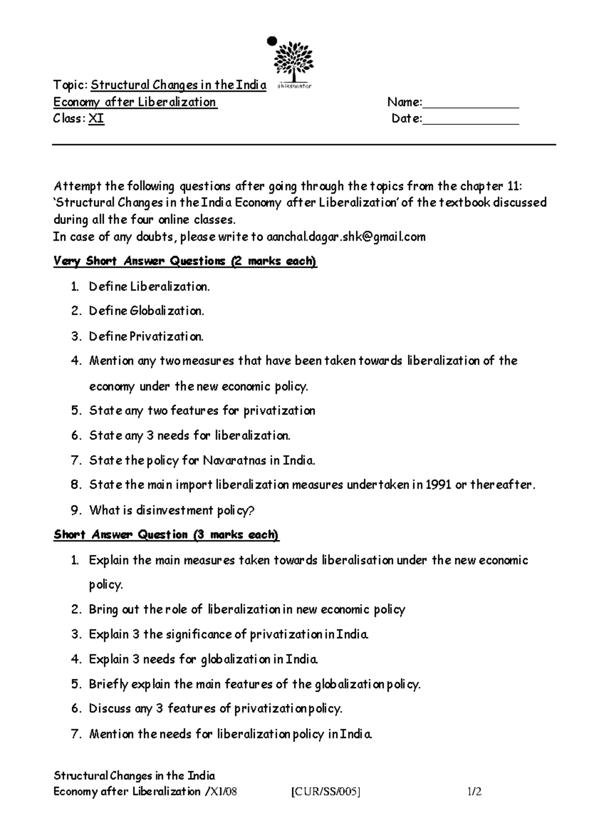 Eco XI Worksheet 08 - literature - Structural Changes in the India ...