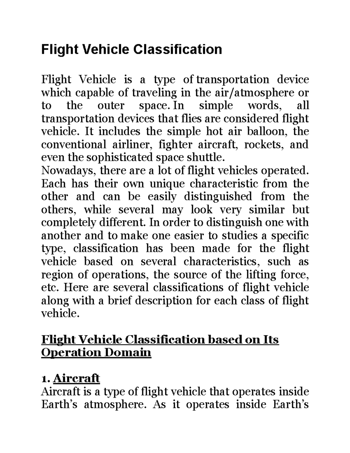 Flight Vehicle Classification: Types and Characteristics Overview - Studocu