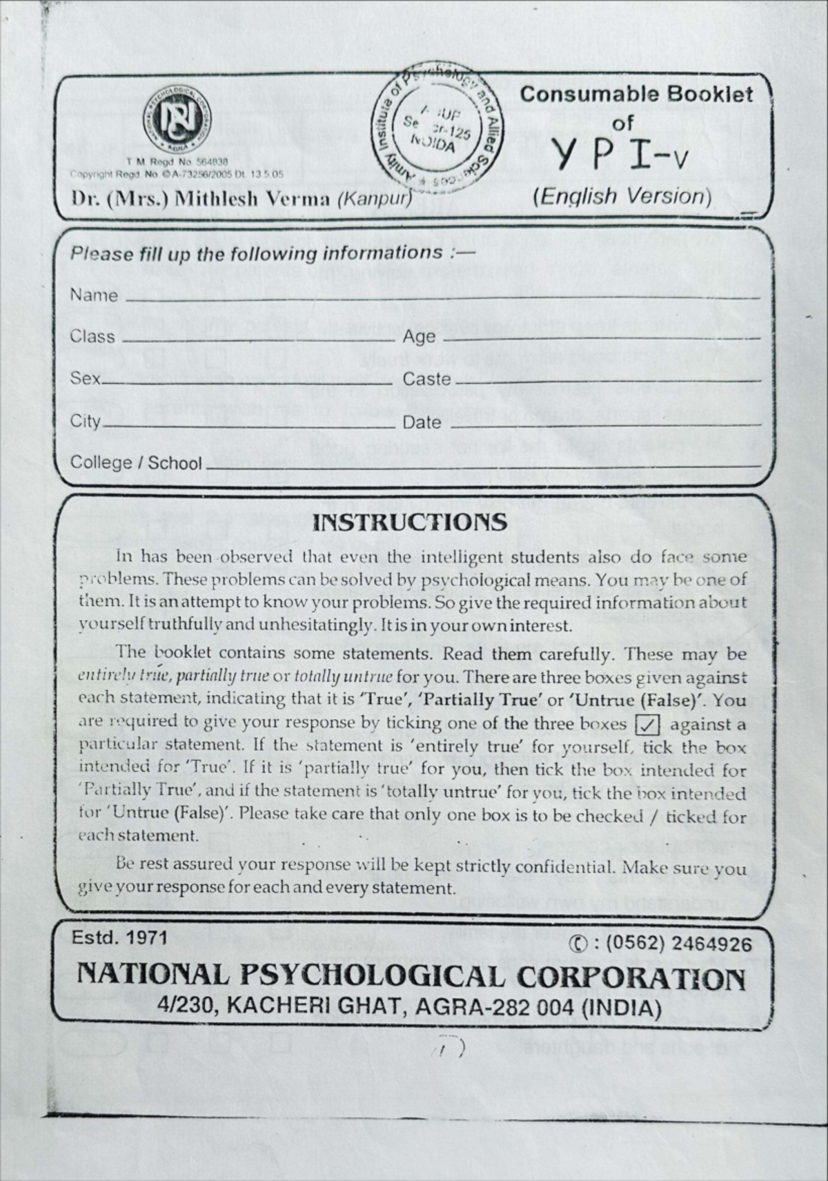 YPI Response Sheet: Youth Problem Inventory (English Version) - Studocu