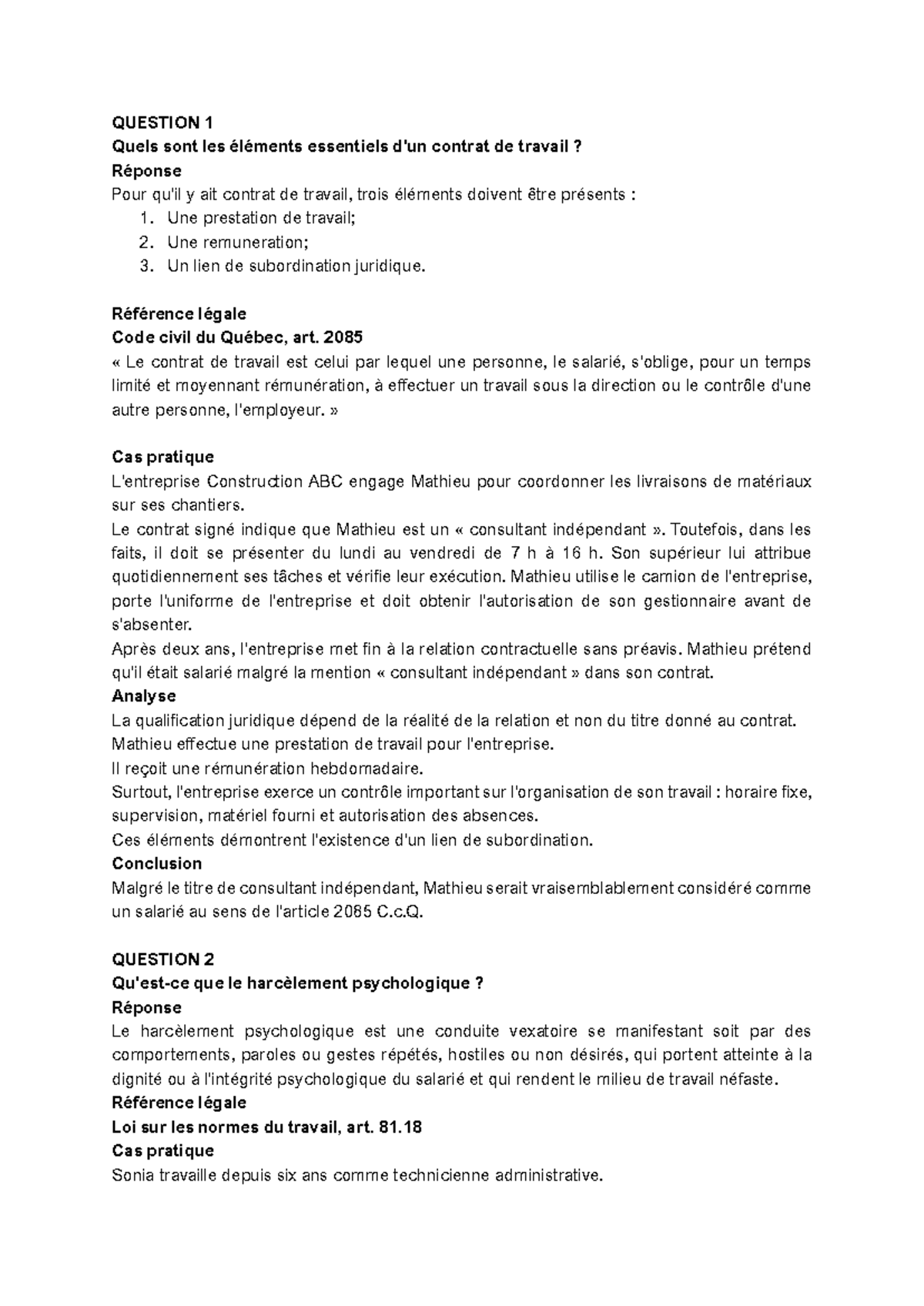 DRT 1080 Examen Final : Quiz et Étude de Cas sur le Droit du Travail ...