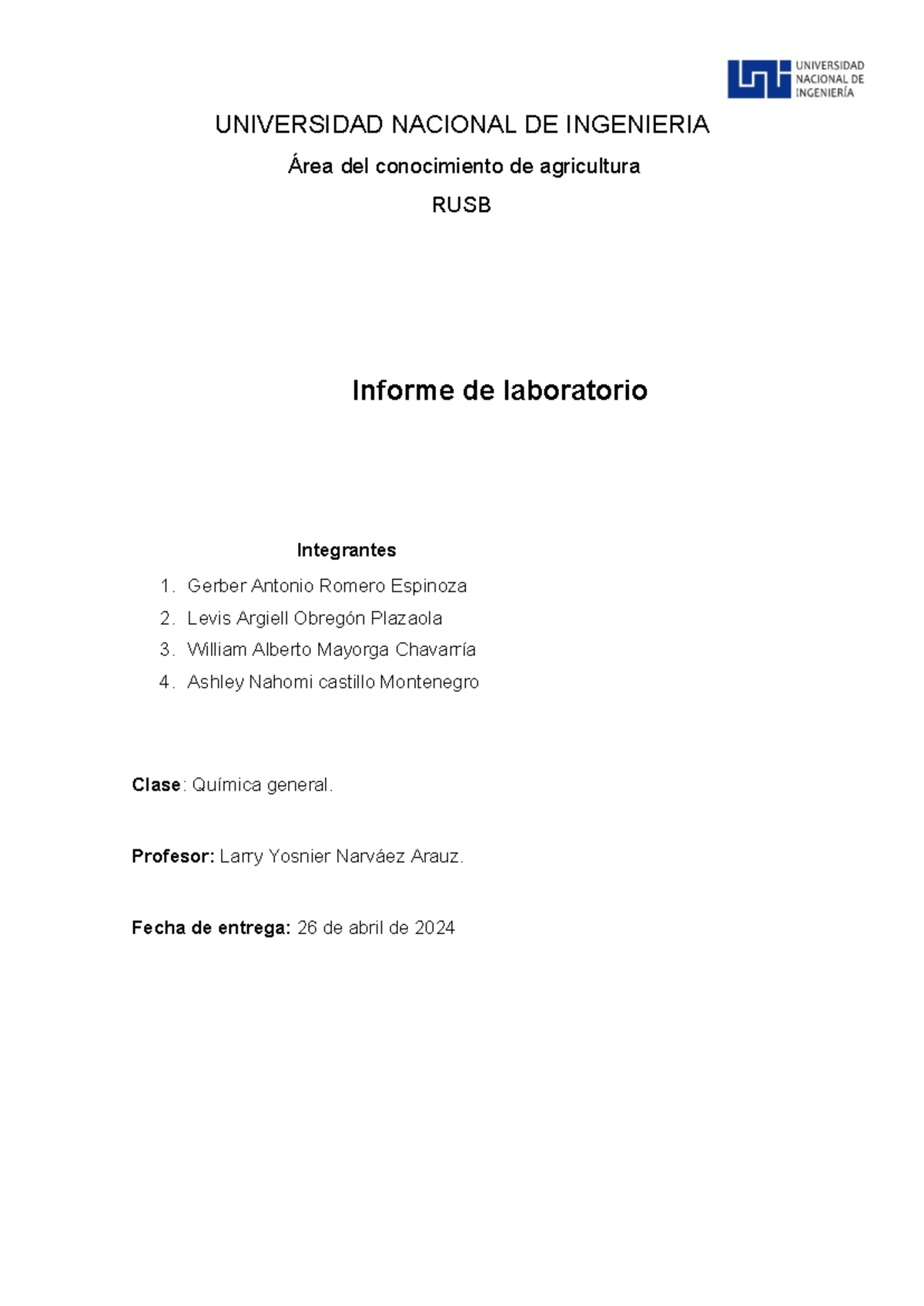 Informe de Laboratorio de Química General RUSB: Métodos de Separación ...