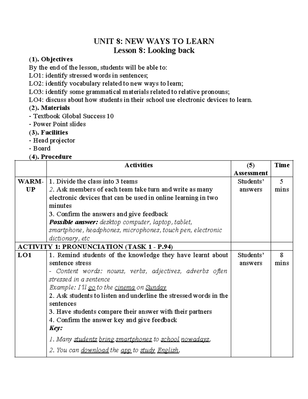 UNIT 8: New Ways to Learn - Lesson 8 Overview and Activities - Studocu