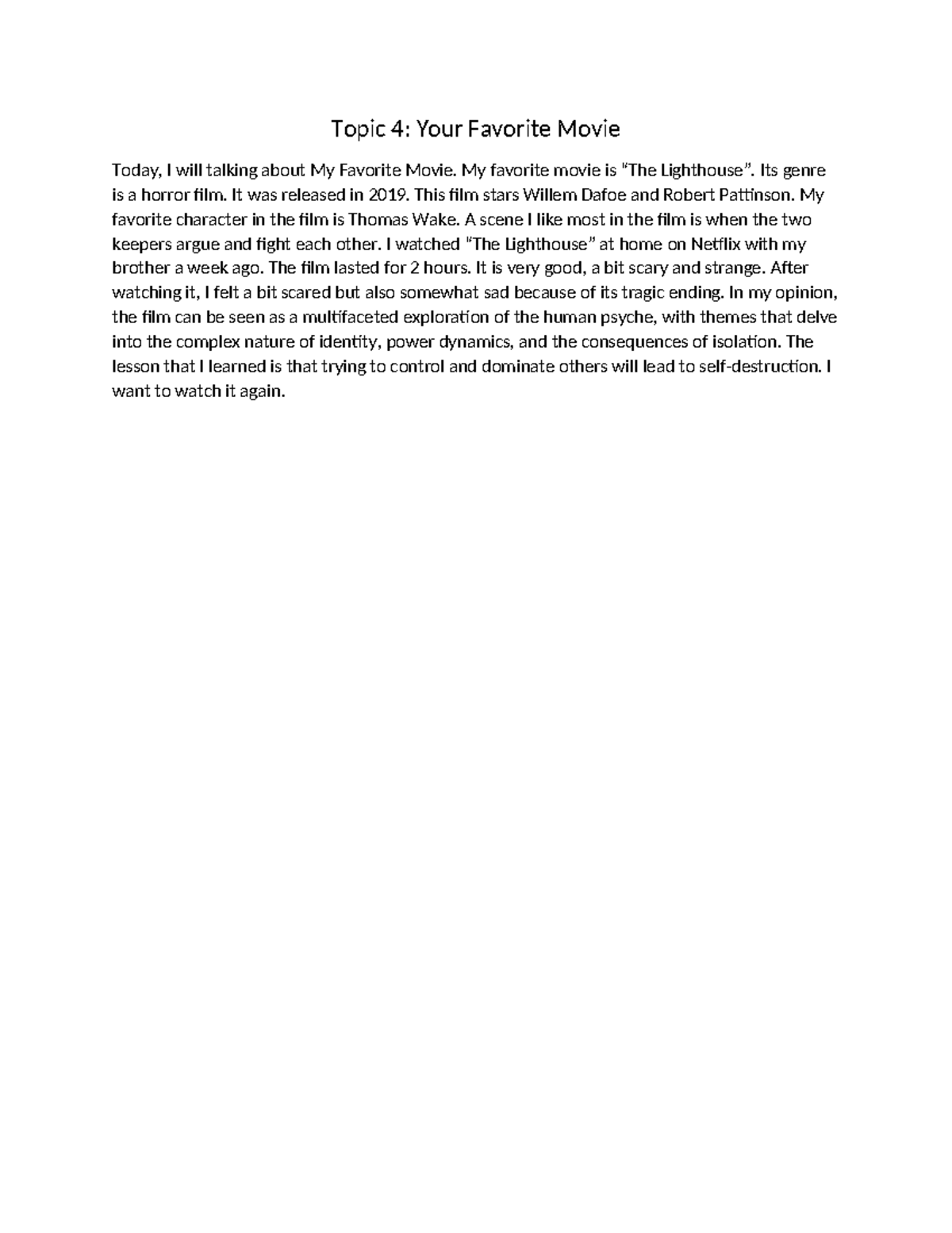 Sum23 Topic 4 - Topic 4: Your Favorite Movie Today, I will talking ...