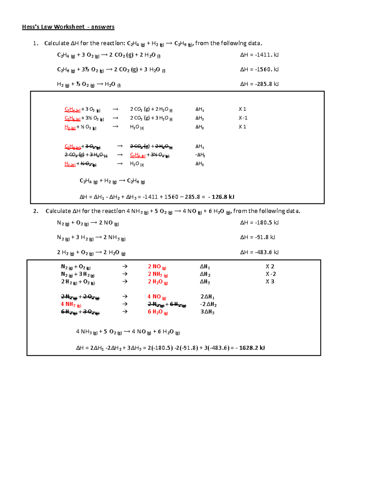 Hess's Law Worksheet Answers for Chemistry 101 - Studocu
