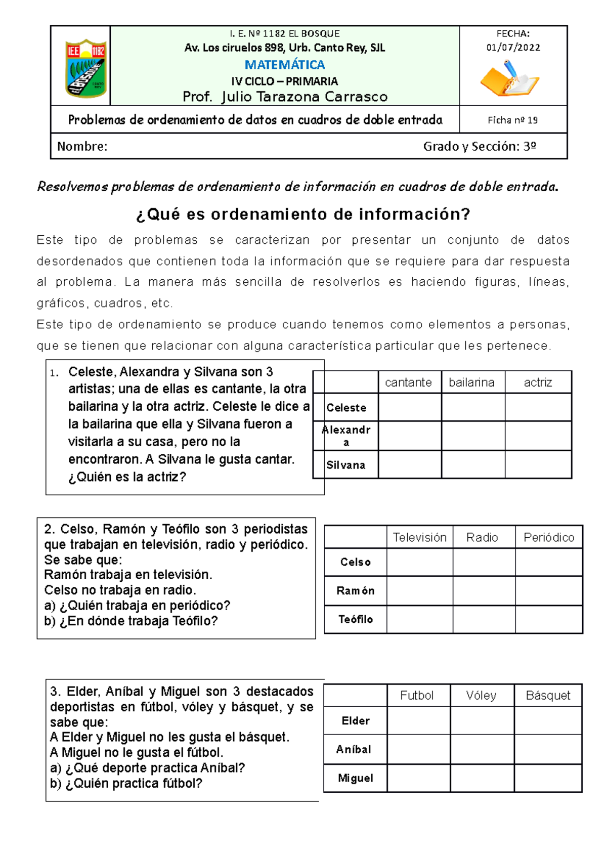 Ficha n°19: Problemas de Ordenamiento en Cuadro de Doble Entrada - Document Preview