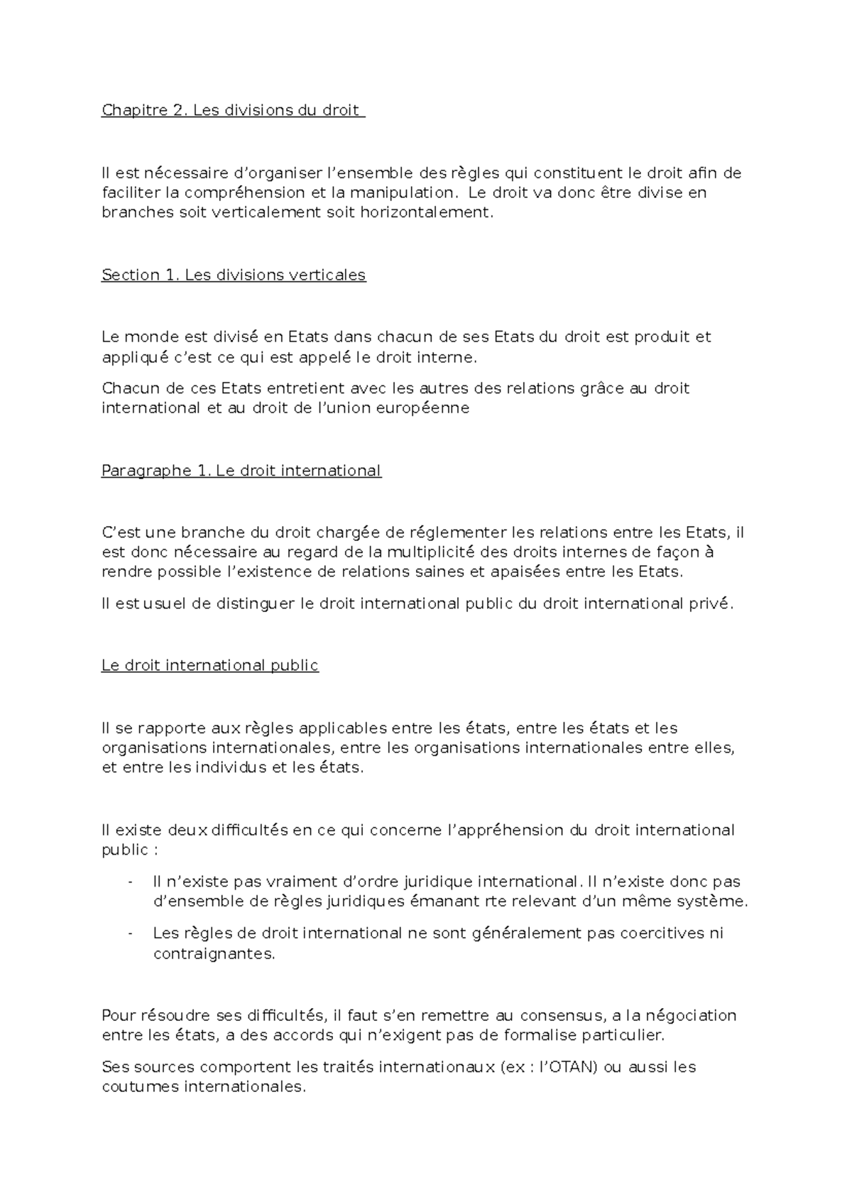 Chapitre 2 - Les Divisions du Droit: Droit Public et Privé - Studocu