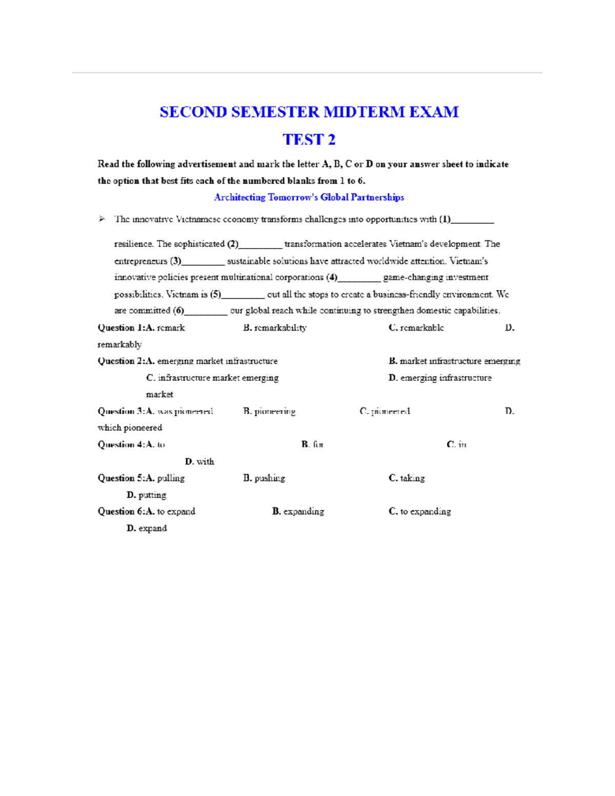 SECOND SEMESTER MIDTERM EXAM TEST 2: Language Proficiency Questions ...