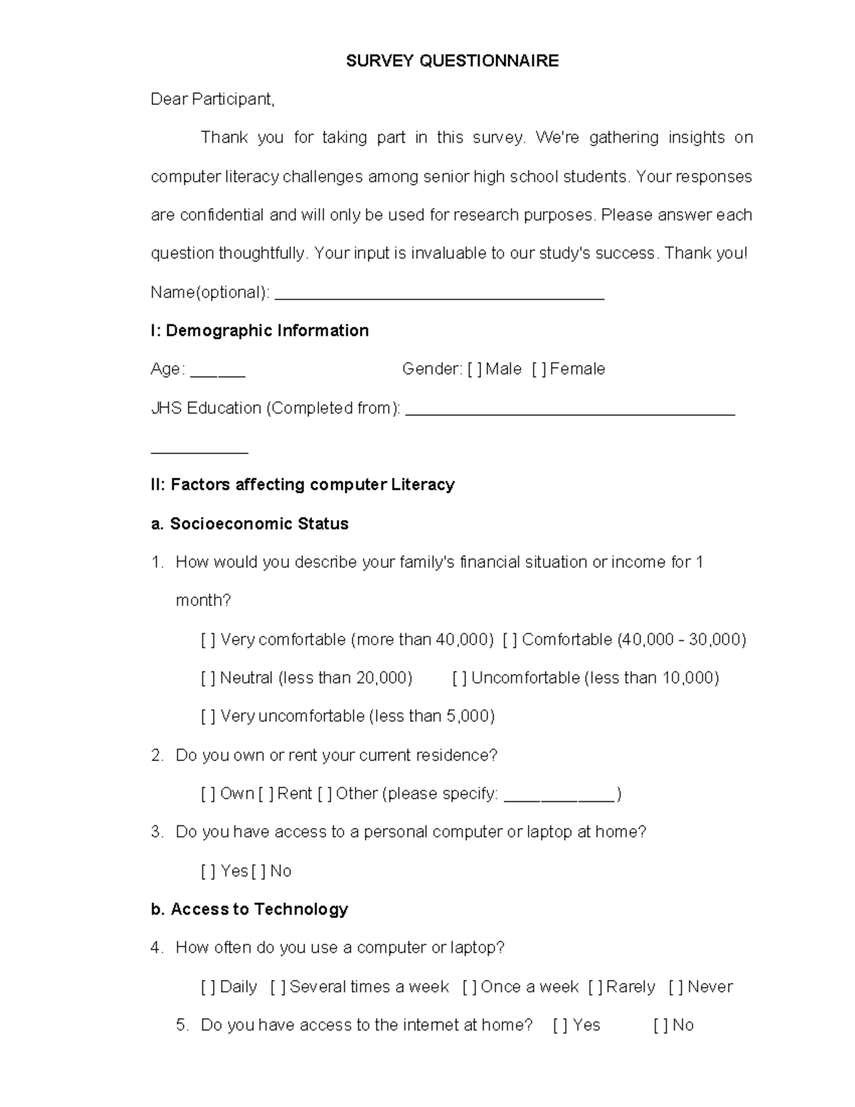Computer Literacy Survey Questionnaire for Senior High Students - Studocu