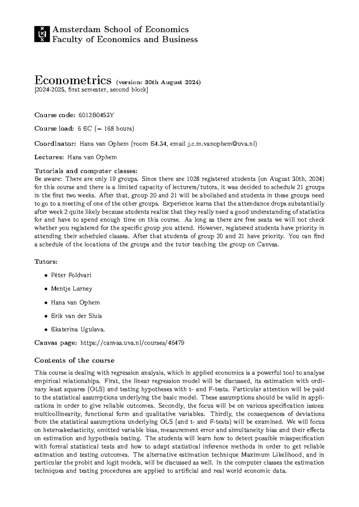 Econometrics Course Info 6012B0453Y: Structure & Exam Details 2024-2025 ...