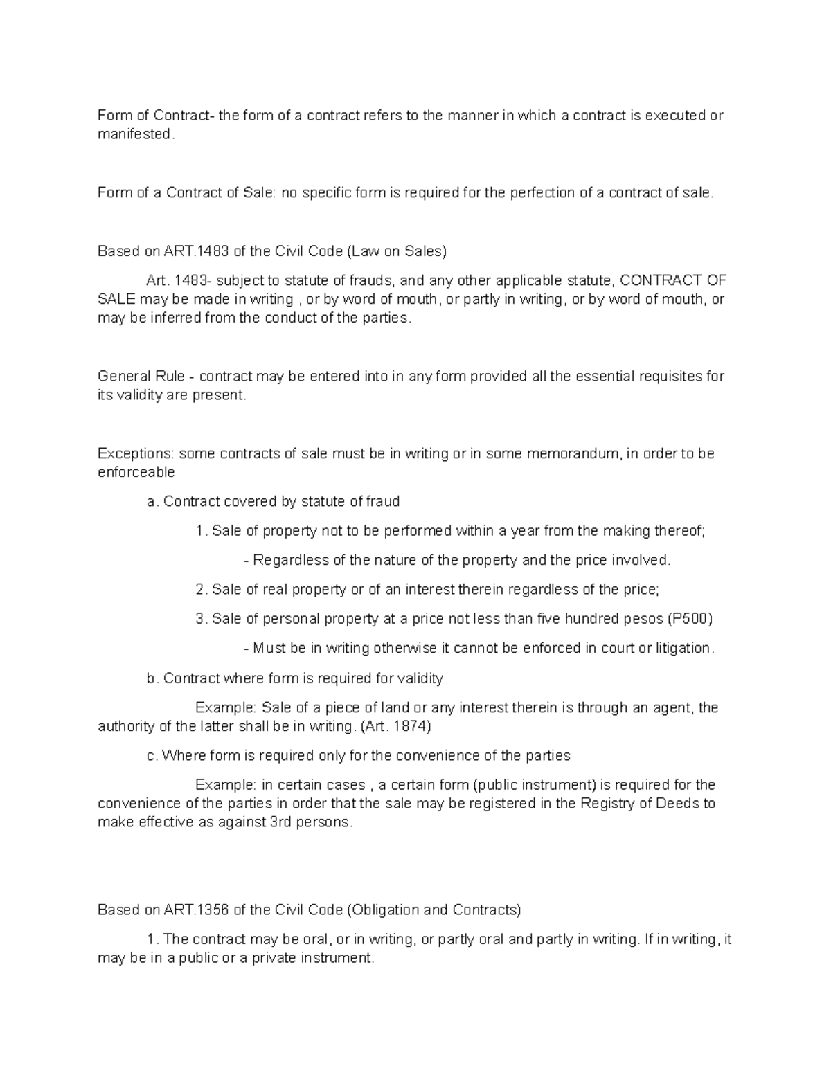 Form of Contract - LAW 101 Final Exam Notes on Validity Principles ...
