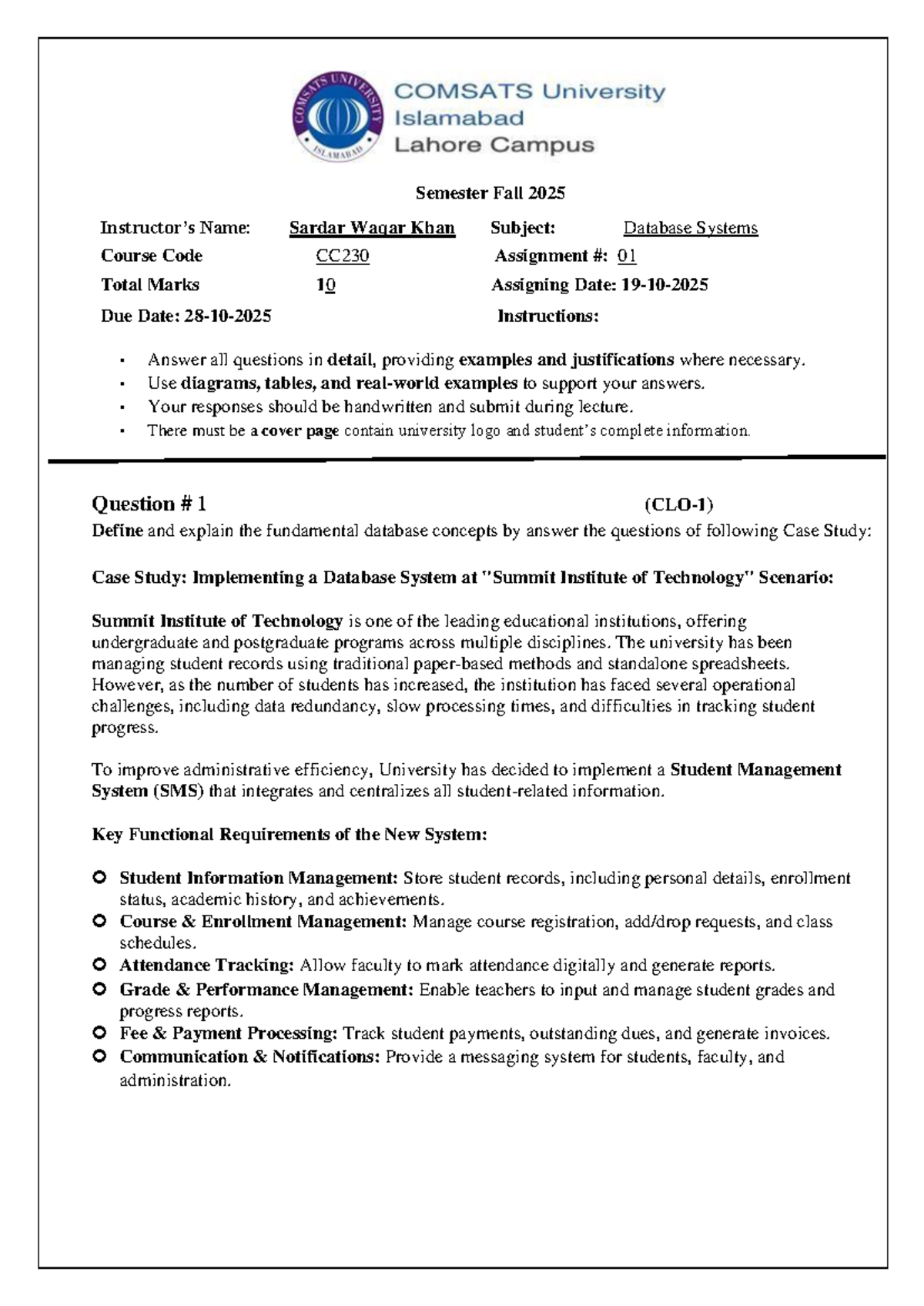 CC230 Database Systems Assignment 01: Case Study on SMS Implementation ...